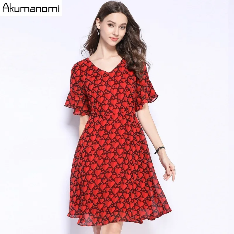 

V Neck Dress Summer Women 2019 Above Knee Heart Print Chiffon V Neck Flare Sleeve Dress Beach Evening Party Dress Robe Femme