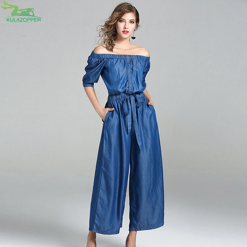 Casual Slash Neck Women Denim Jumpsuit Off the Shoulder Top Long Loose