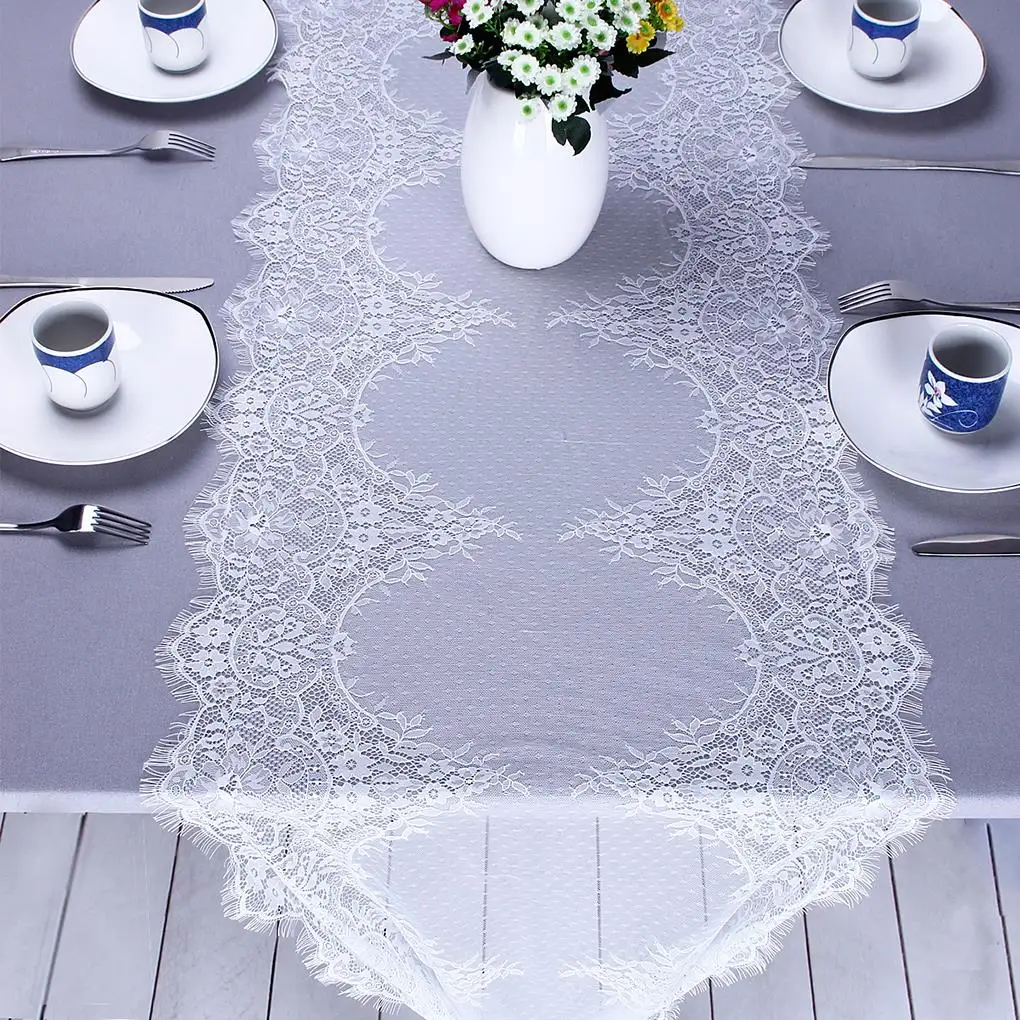 

55x300cm Flower Lace Table Runner White Table Flag with Eyelash Edge for Wedding Decoration Gift Bow Ribbon