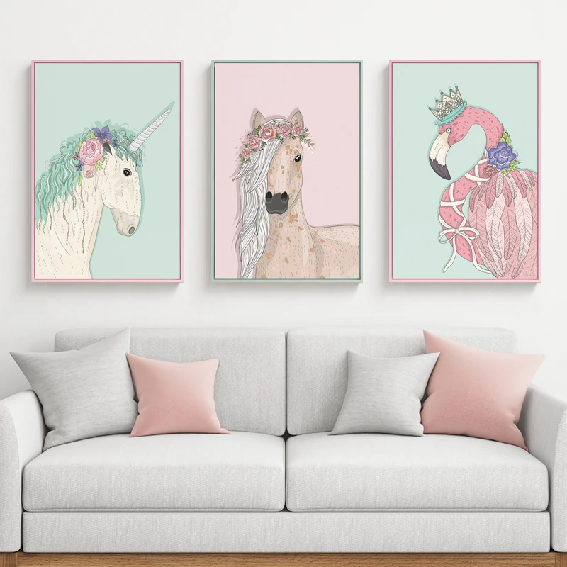 

Maeham Baby Animal flamingo horse Canvas Poster Nursery Wall Art Print Painting Nordic unicorn Picture Children Bedroom Decor