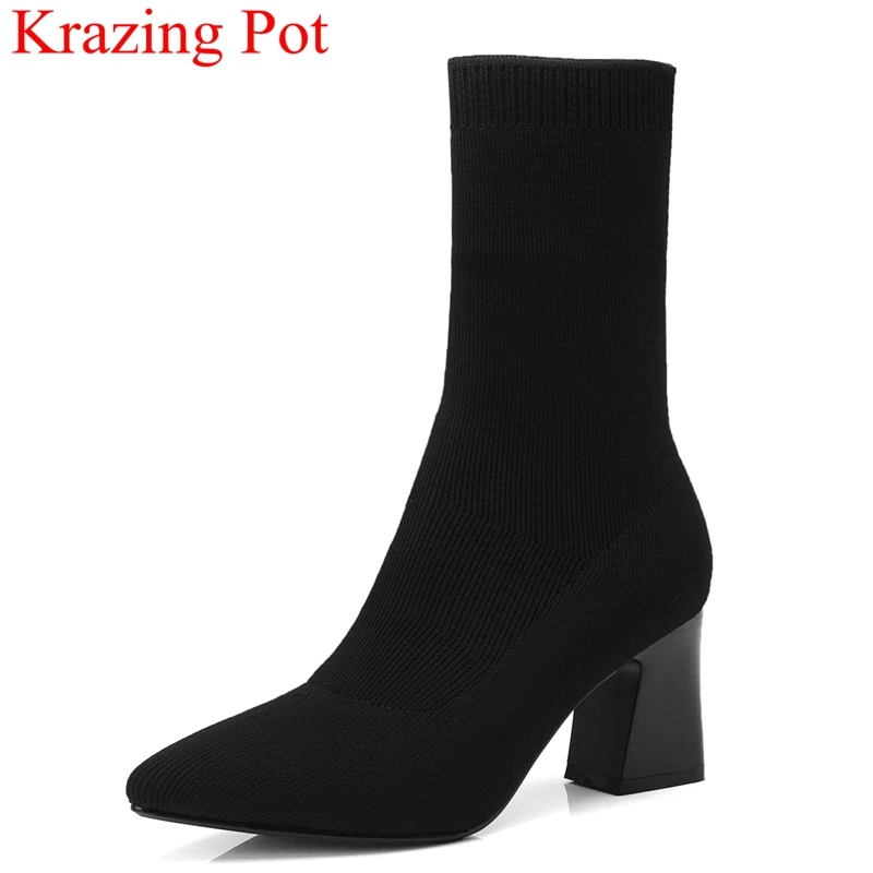 

2018 new arrival square heel mid-calf boots slip on strech boots elegant big size concise casual sock boots autumn shoes L16