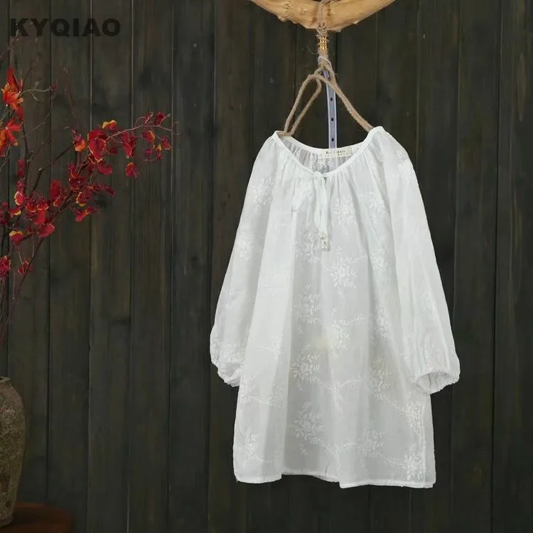 

KYQIAO plus size women white shirt 2019 mori girls summer Japan style fresh o neck three quarter sleeve white embroidery blouse