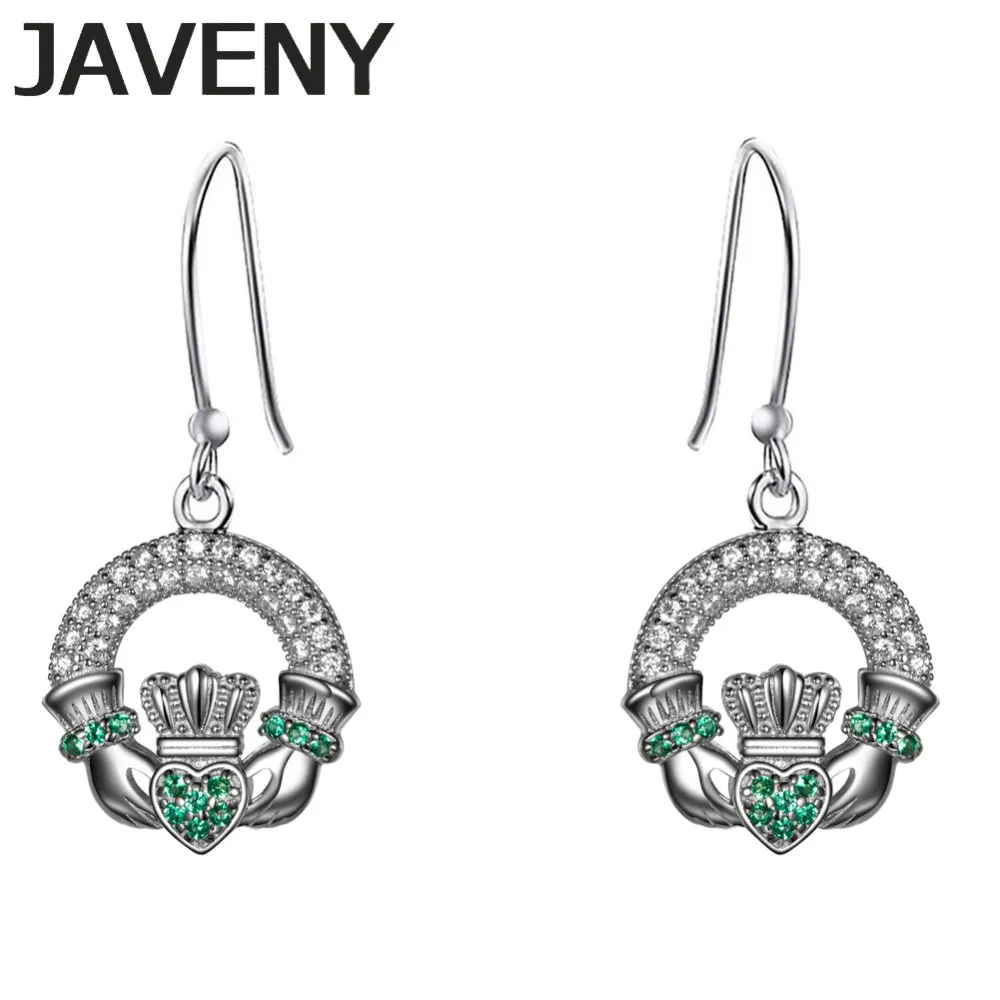 

925 Sterling Silver Dangling Green CZ Cubic Zirconia Irish Heart Crown Claddagh Wedding Bridal Earrings for Women Birthday Gifts