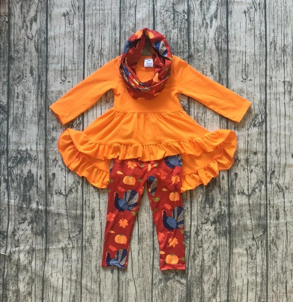 

FALL/Winter scarf children cotton baby girls thanksgiving turkey orange 3 pieces top dress long sleeves pants boutique clothes