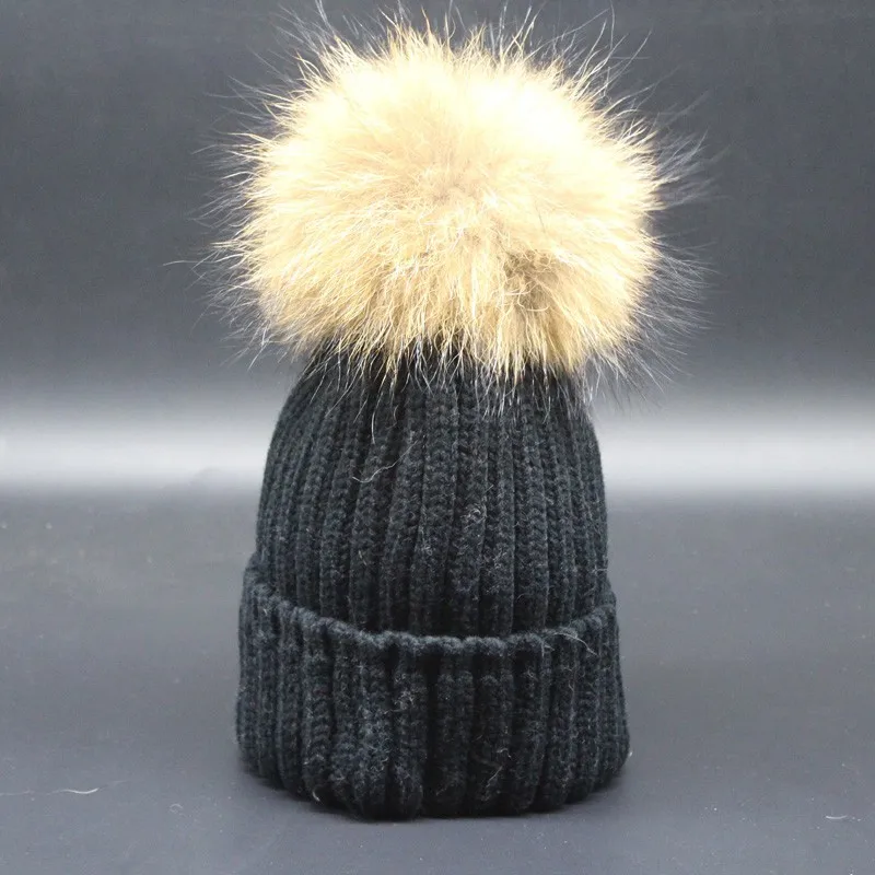 Зимние теплые толстые вязаные шапки для женщин 18 см натуральный помпон из меха енота шапка модные шапочки casquette