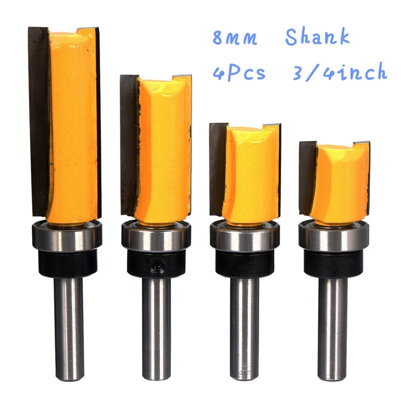 4Pcs/Set 8mm Length Flush Trim Pattern Router Bit Shank Panel Top Bottom Bearing Woodworking Milling Cutter