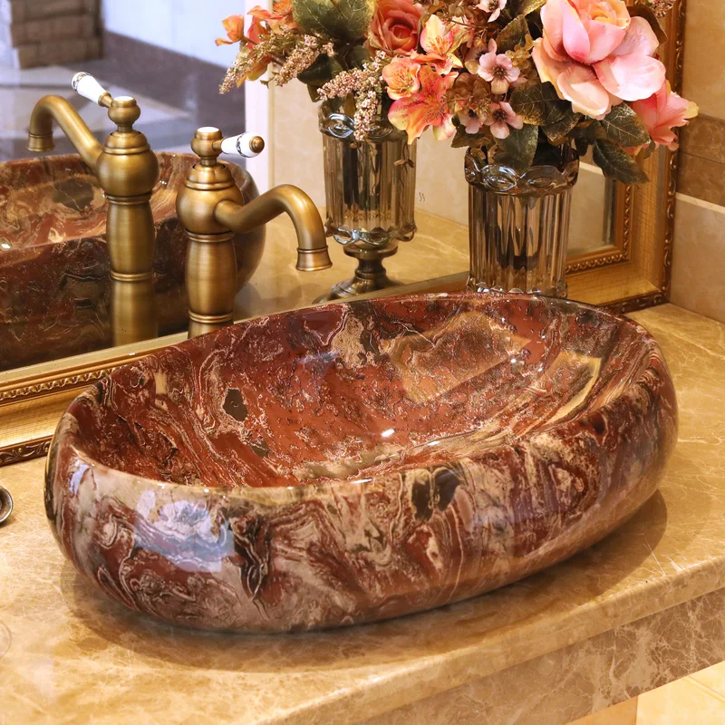 Imitation stones China Artistic Porcelain Handmade Embossed Ceramic wash basin Lavabo Bathroom Vessel Sinks (1)