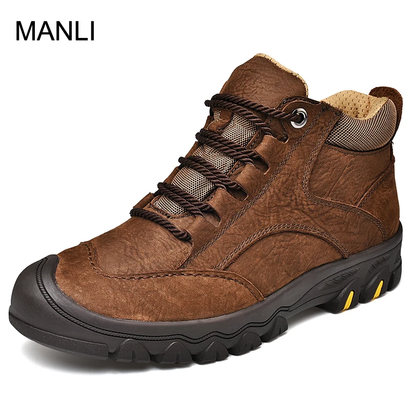 MANLI New Handmade Leather Hiking Shoes Mens Army Boots Genuine Leather