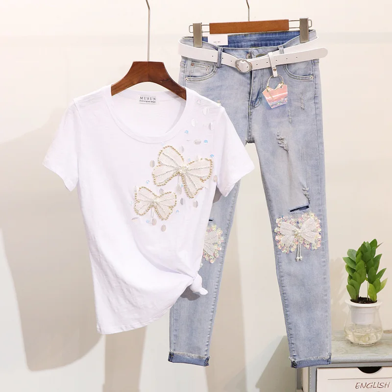 

Spring New Fashion Bead Sequined Butterfly Short Sleeve Cotton T-shirt + Broken Jeans Two Piece Women's Denim Pants Sets Female