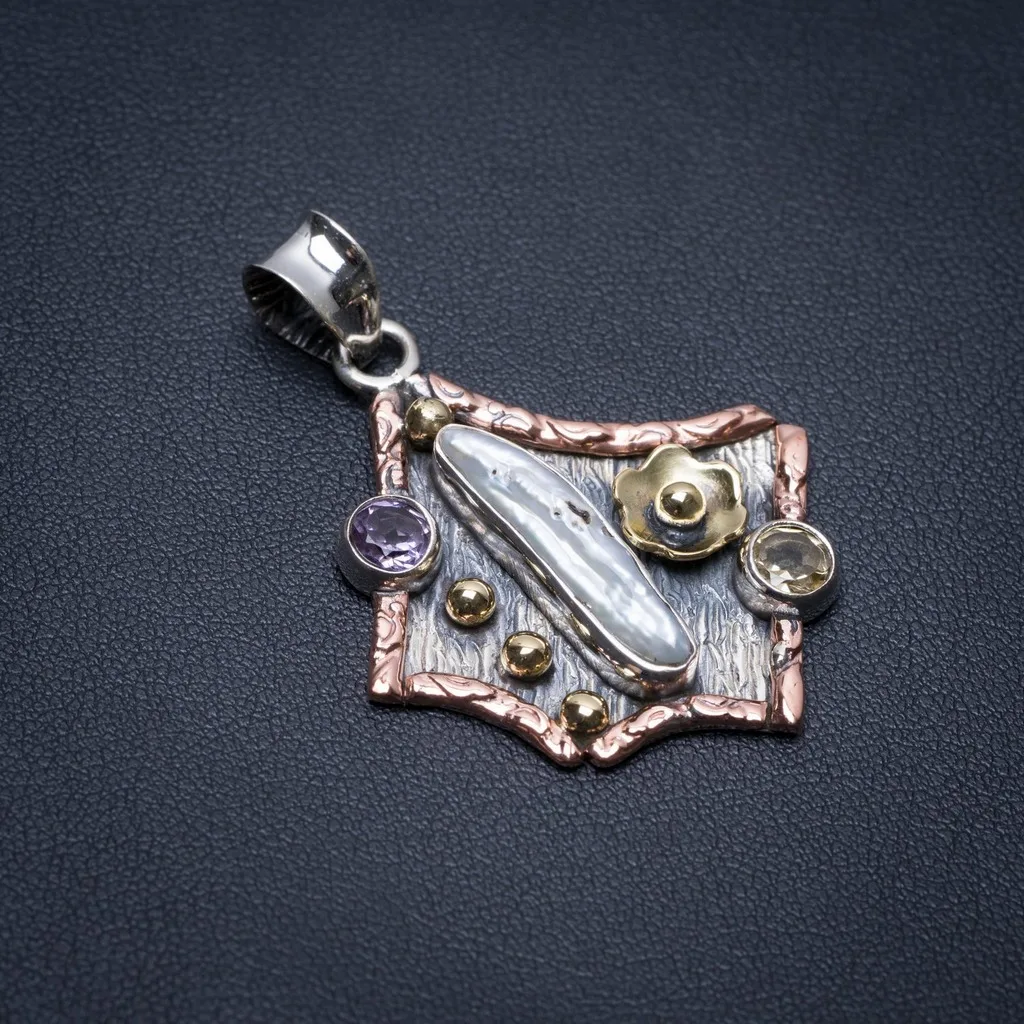 

Natural Two Tones Biwa Pearl,Citrine and Amethyst Punk 925 Sterling Silver Pendant 1 3/4" S1193