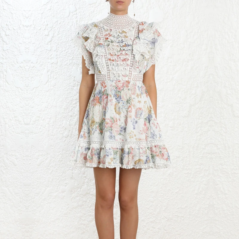 

2019 Spring New Arrival Runway Designer Floral Print Ruffles Patchwork Lace Woman Mini Dress High Quality Elegant Holiday Dress