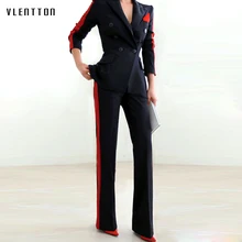 2019 Women's Pant Suit Spliced Blazer Coat And Wide Leg Pants 2 Piece Set Women Long Sleeve Slim Business Office Suits Trouser