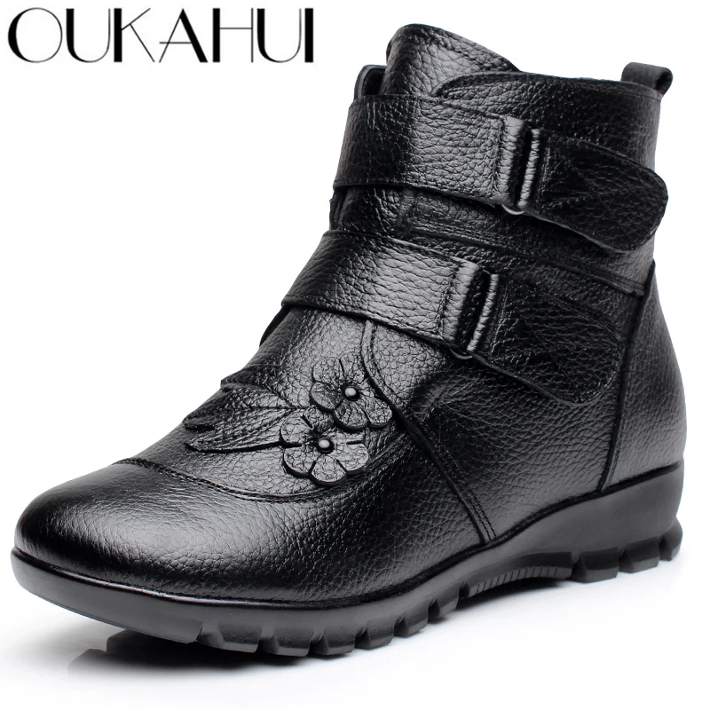 Best OUKAH Winter Genuine Leather Ladies Ankle Boots Women 2019 Black Flat flower Waterproof Warm Cow Leather Short Snow Boots Woman