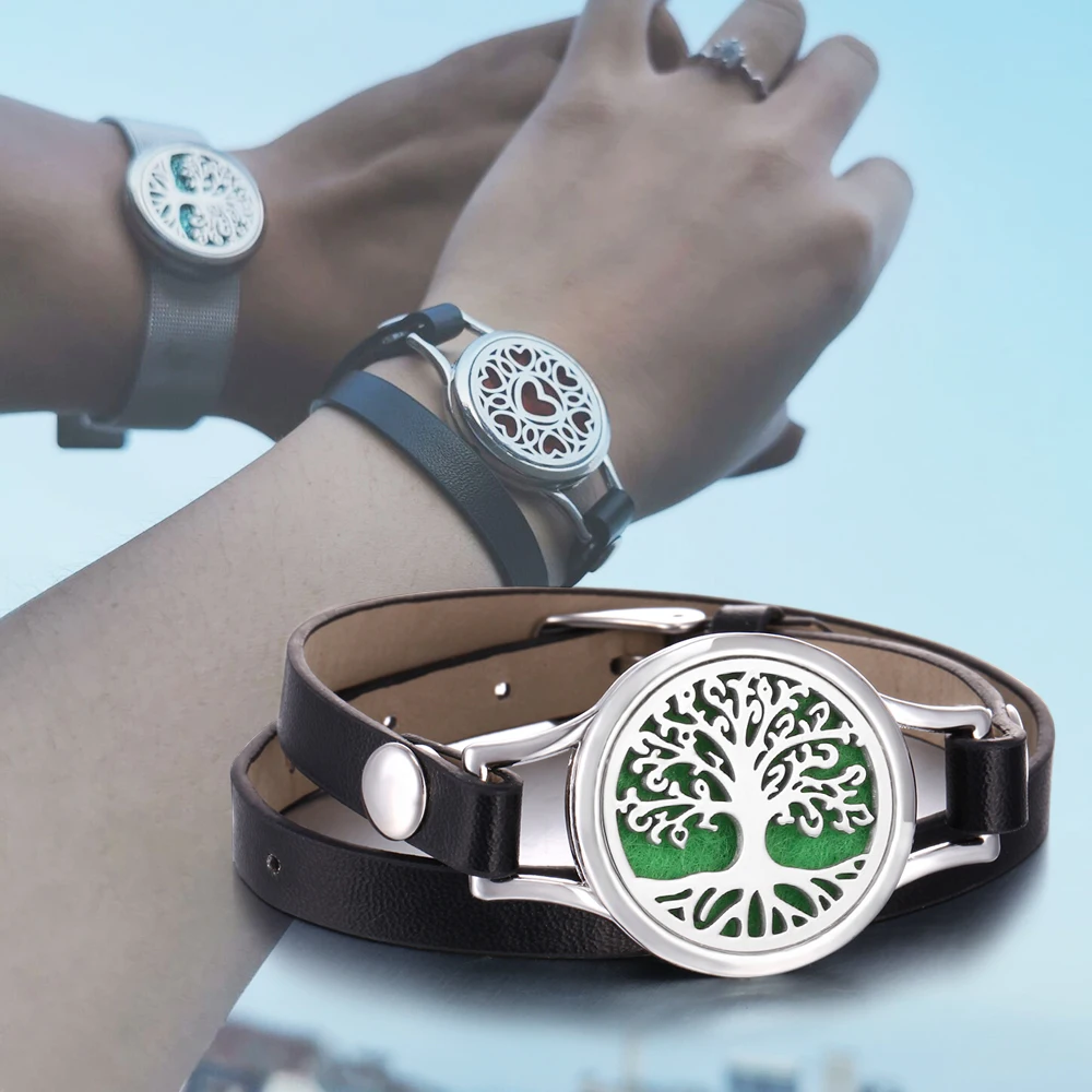 

Tree of Life Love Aromatherapy Bracelet Jewelry 25mm Essential Oil Diffuser Locket Bracelet Pu Leather Bracelet for Women Men