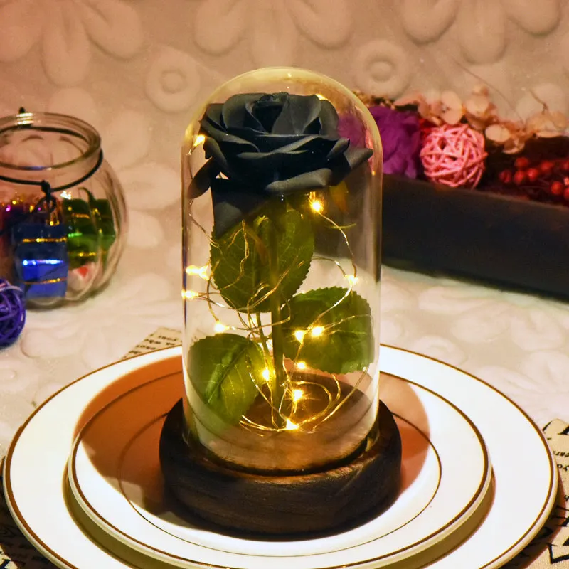 Домашний Творческий зверь, искусственная вечная красная роза в стеклянном куполе, светодиодный светильник, деревянная основа для подарка на День святого Валентина - Цвет: black rose