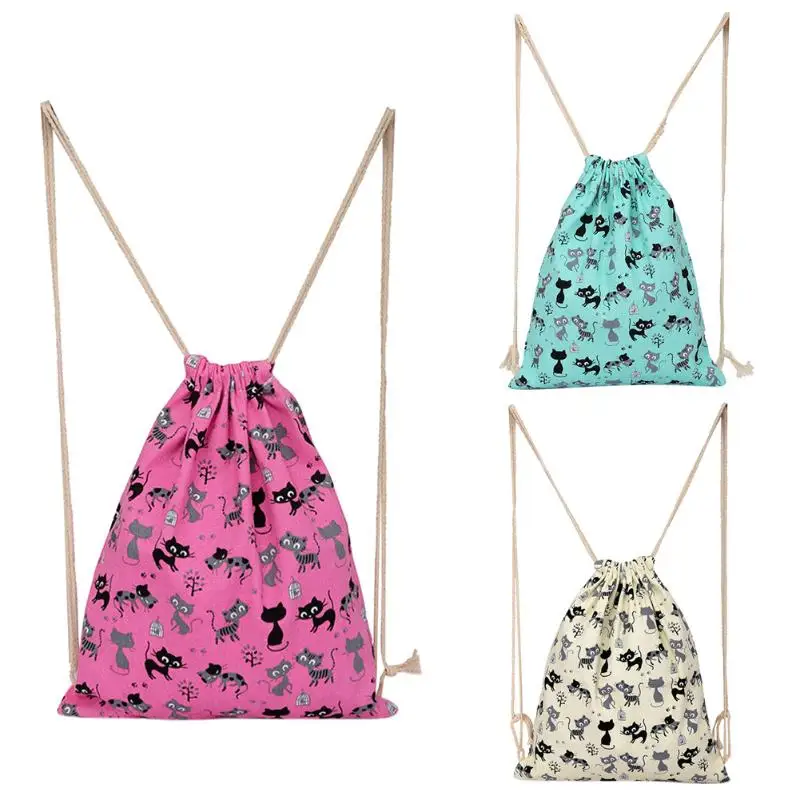 

Backpack Women Lovely Cat Printing Drawstring Barrel Canvas Easy Use Back Pack School Bags for Teenage Girls
