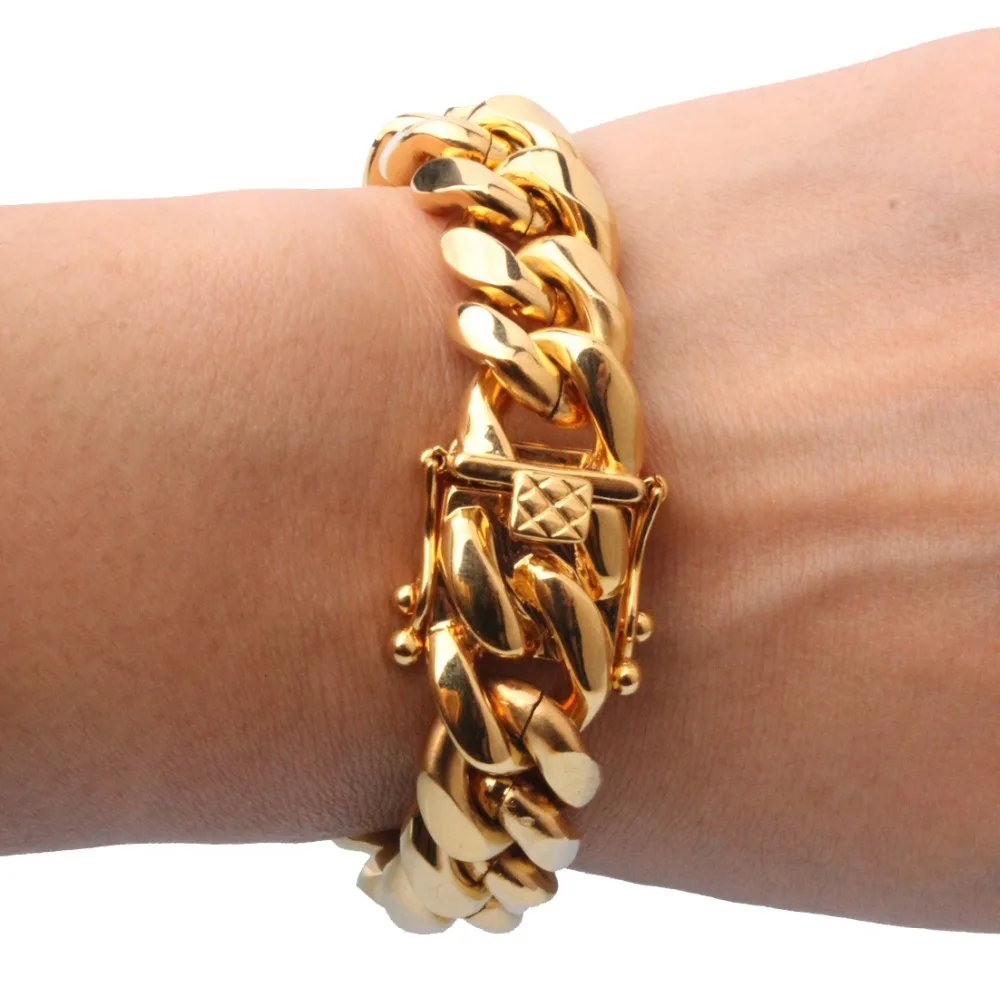 

15mm 7-11" New Arrive 316L Stainless Steel Golden Miami Curb Cuban Link Chain Bracelet Bracelet Fashion Daily Jewelry Xmas Gift