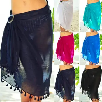 

Sexy Tassel Cover Ups Women Bikini High Waist Sheer Beach Wrap Skirt Pure Color Sarong Bathing Suit Mesh Ladies Summer Cover-Ups