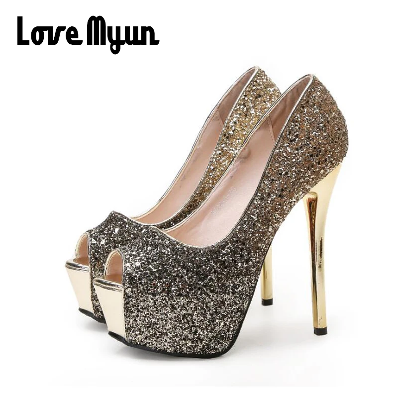 Woman Wedding Party Shoes 14cm Ladies Thin Heels Pumps Platform Sexy open Toe Bling Bling Gradation super High Heels Shoes VV-06