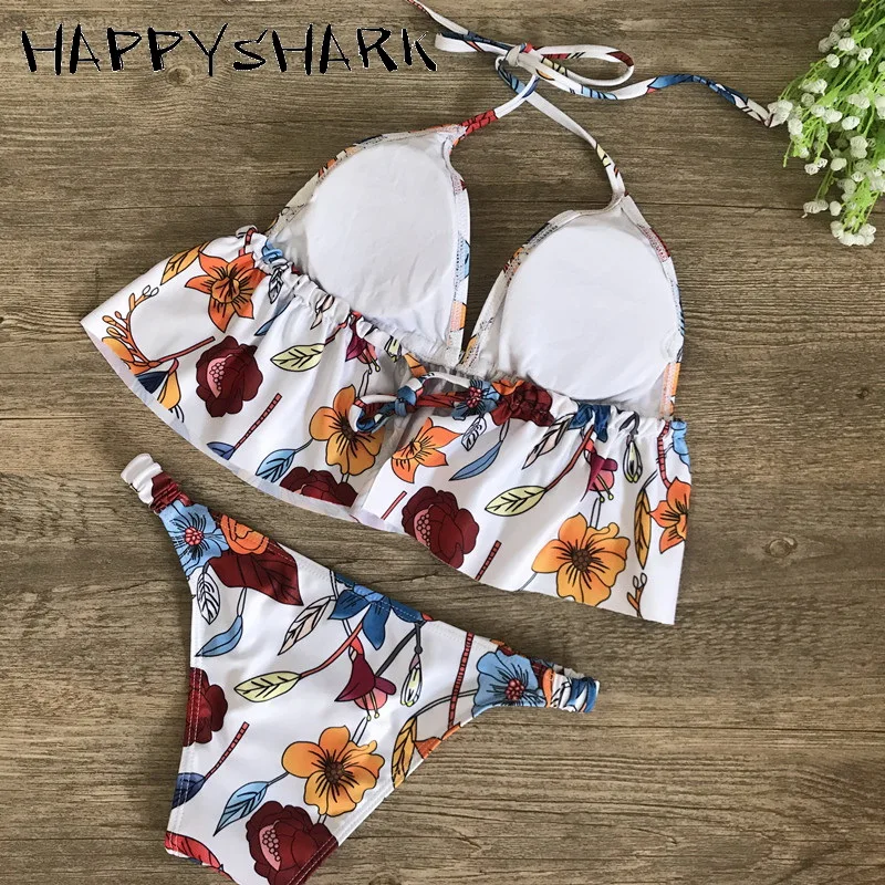 Бикини HAPPYSHARK с цветочным рисунком и оборками 2019 женский купальник в полоску