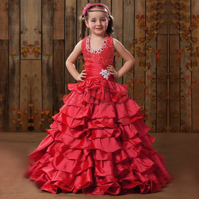 Cheap Baptism Glitz Flower Girl Dress Tiered Red Color Satin Beading Crystal Pearl Halter Floor Length Plus Size Pageant Gowns 2016