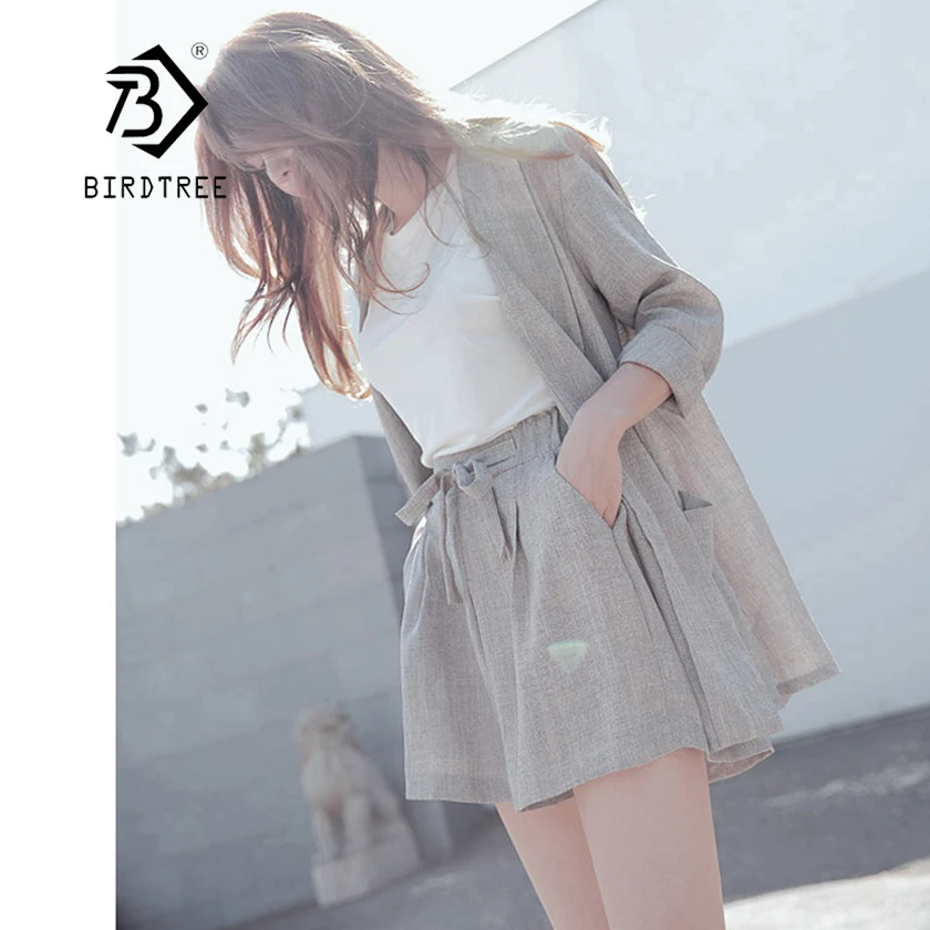 

2018 New Summer OL Cotton and Linen Two Piece Sets Solid Suit Jacket+Short Pant Set Single Button Loose Suit Hot Sale S83420F