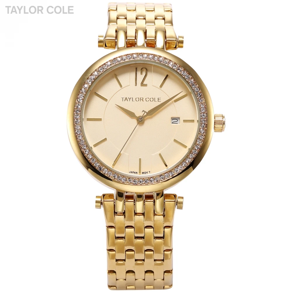 

Gold Taylor Cole Brand Auto Date Display Muse Steel Strap Rhinestone Case Relogio Women Watch Bracelet Dress Wristwatch/ TC016