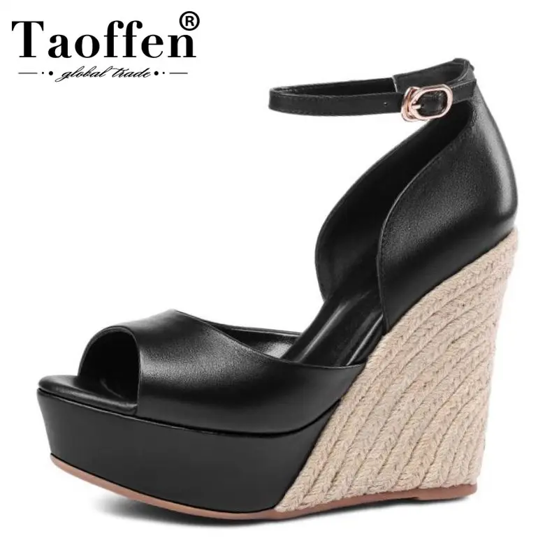 

TAOFFEN Women Genuine Leather High Wedges Sandals Ankle Strap Peep Toe Platform Wedges Sandals Summer Trifle Shoe Size 34-39