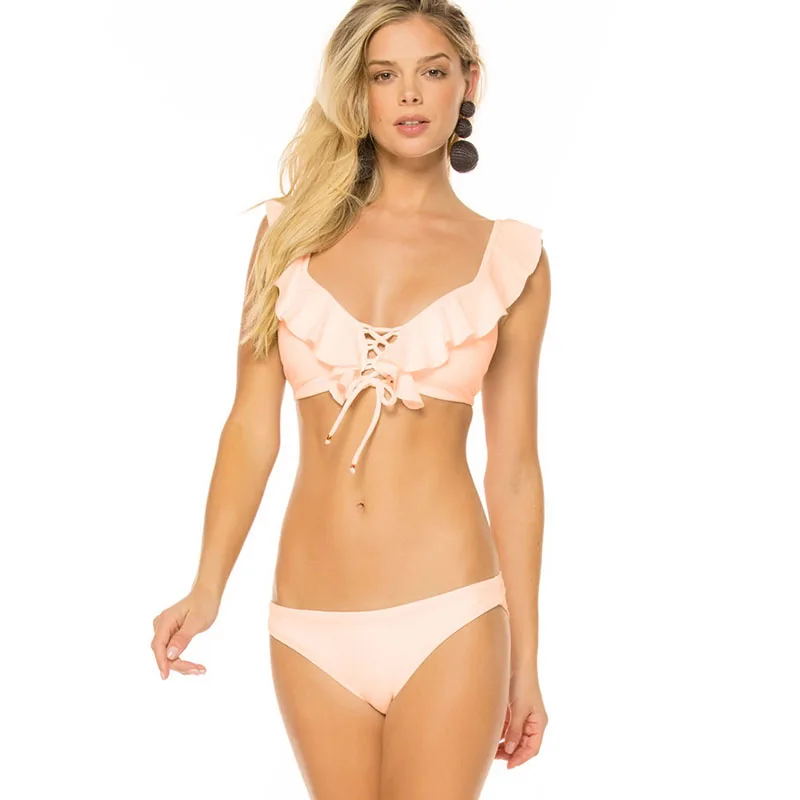 

2019 New Bandage Bikini Set Ruffles Swimwear Push Up Padded Women Bathing Suit Black White Summer Beach Wear S M L Bikinis