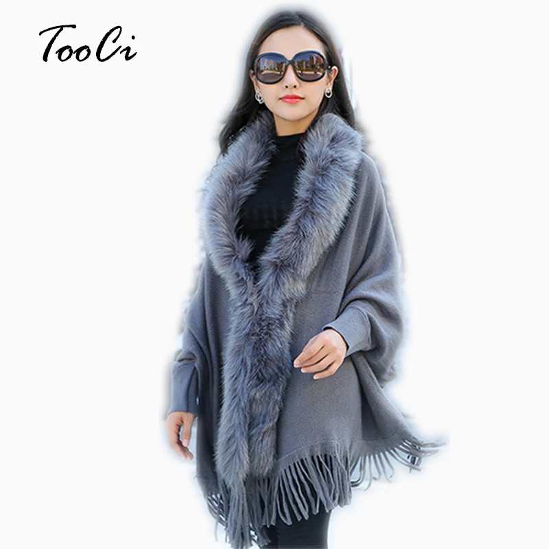 

Fashion New Autumn Women Faux Fur Collar Cape Shawl Cardigan Gray Women Tassel Knit Cardigan Sweater Poncho Winter Warm Coat