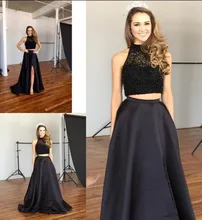 Neue Ankunft Schwarz Zwei Stücke Abendkleid mit Gefrieste Elegante Sweep Zug Abendkleid