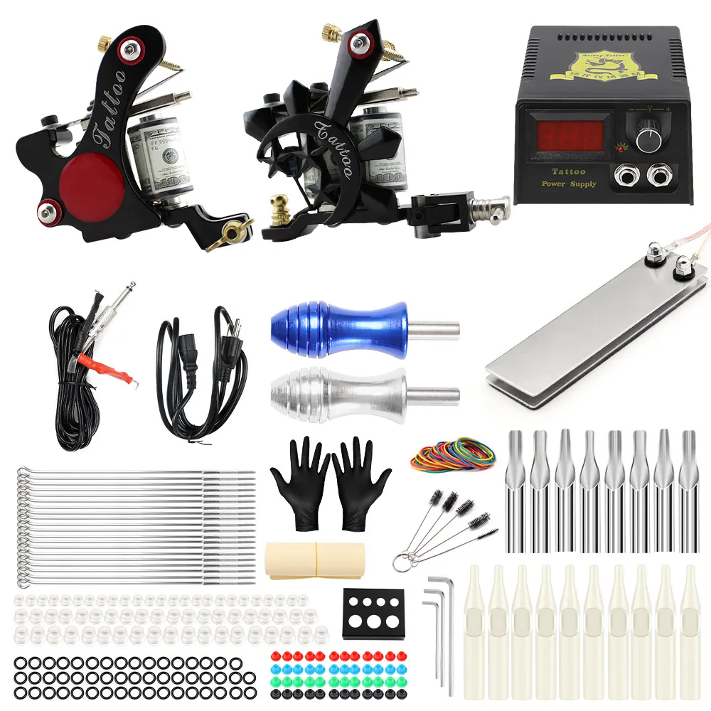 

Complete Tattoo Machine Kit Set 2 Coils Guns Sets Grips Body Arts Supplies Needles Tips Tattoo Beginner Kits TK202-8