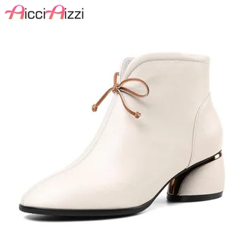 

ZALAVOR Women Genuine Leather Ankle Boots Bowknot High Heels Boots Winter Zipper Shoes Woman Luxury Designer Shoes Size 32-43