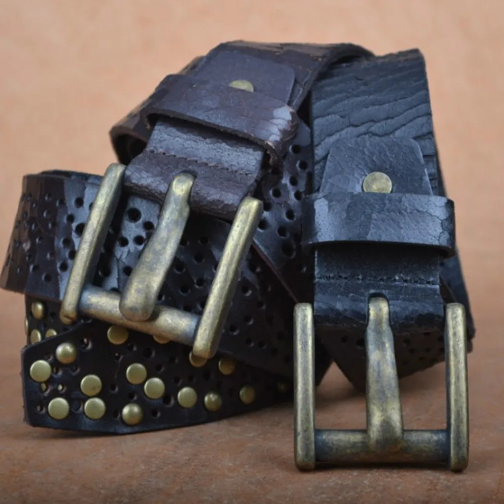 Brand Name Men Rivet Belt Handmade Vintage Cowhide Belts Women Genuine