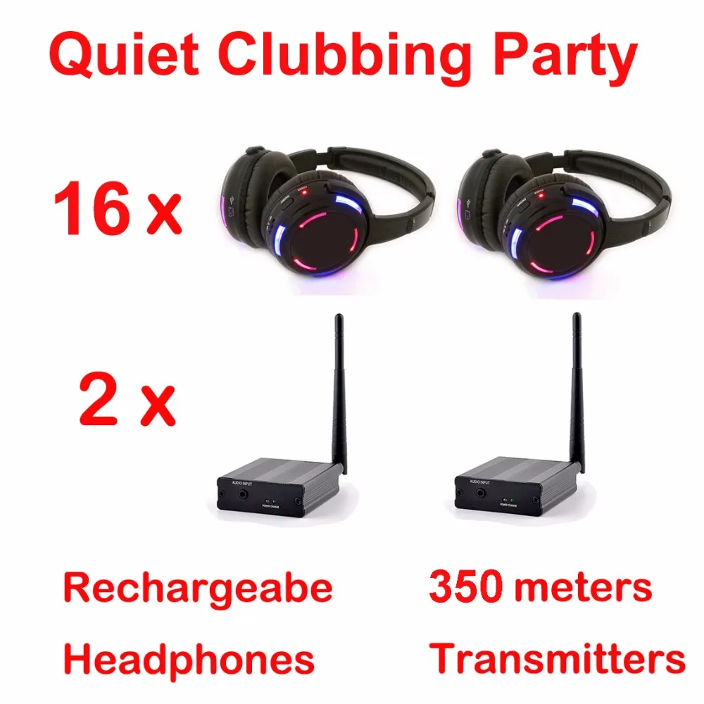 500m Silent Disco Compete System Black Led Wireless Headphones - Quiet Clubbing Party Bundle (16 Headphones + 2 Transmitters)