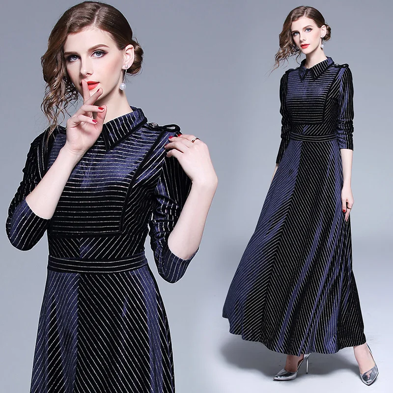 

High Quality Party Dress Velvet Women Fashion Striped Peter Pan Collar Long Sleeve Vestidos Ladies Elegant Maxi Dress 2018