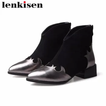 

Lenkisen mixed colors large size zipper pointed toe square med heels genuine leather office lady women winter autumn boots L22