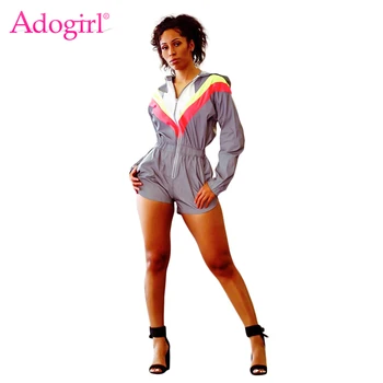 

Adogirl Color Patchwork Reflective Hooded Jumpsuit Zipper Long Sleeve Pockets Casual Romper Summer Shorts Playsuits Bodysuits