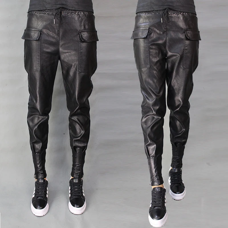 

High quality new spring and autumn women's PU leather pants harem pants large size micro elastic thin elastic waist pants