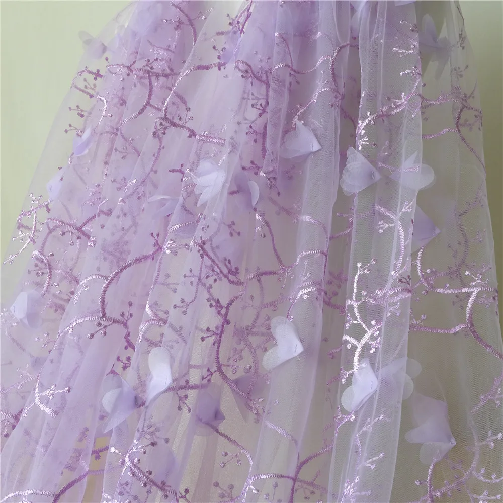 

Exquisite 3D Chiffon Flower Tulle Lace Fabric Bridal Gowns Fabric Light Purple Red Gray Mint Green Champagne Color 1 Yard