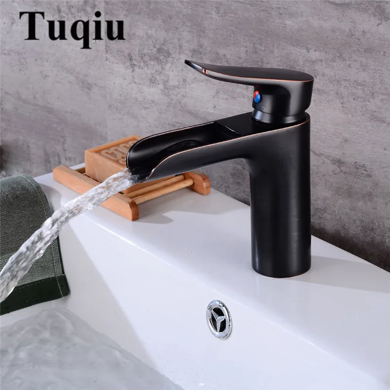 

Waterfall Tap Black Oil Brushed Bathroom Faucet Hot Cold Switch Water Mixer Tap Wash Basin Bathroom Deck Mounted Basin Faucet