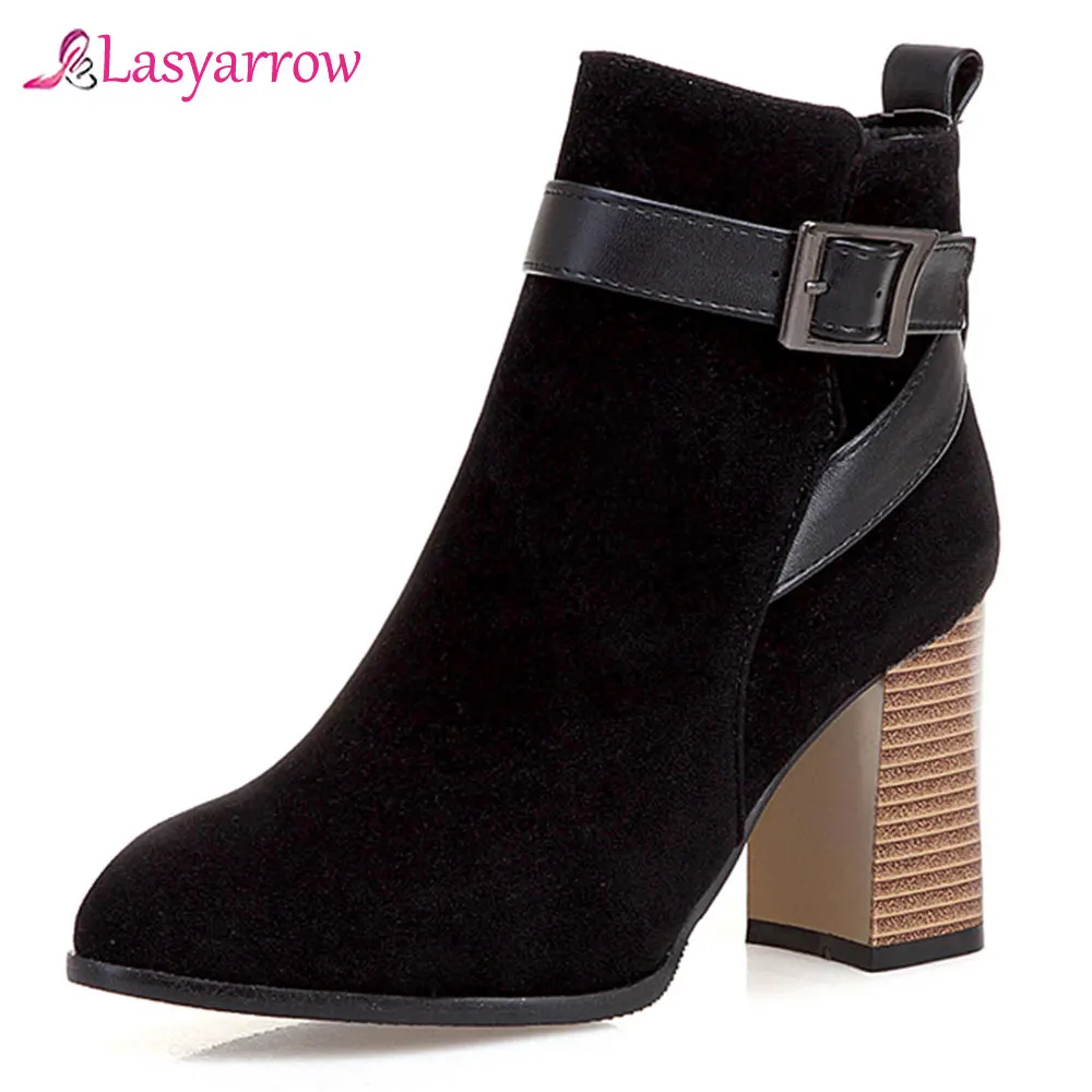 

Lasyarrow 2019 New women ankle boots flock pointed toe zip buckle autumn winter boots fashion high heels dress shoes woman J965