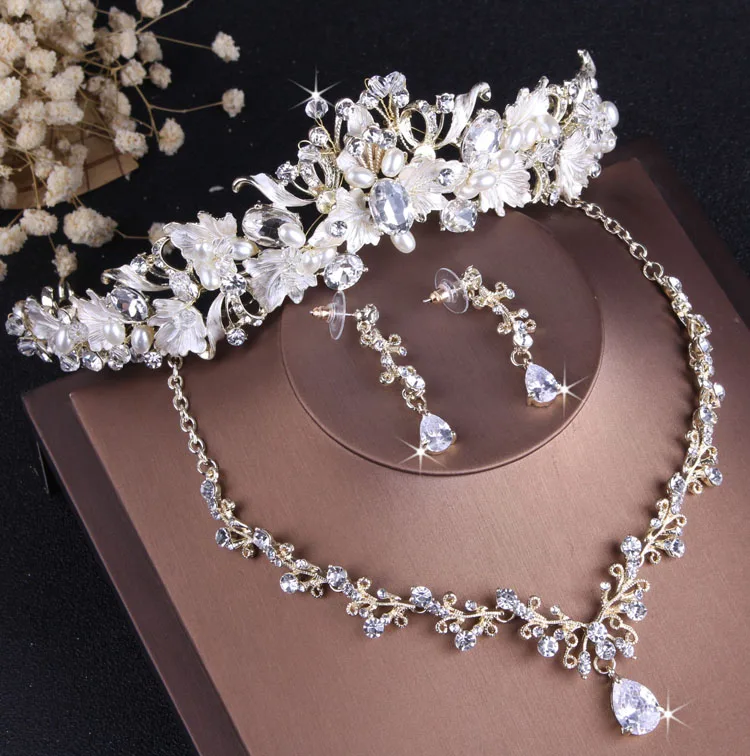 Bridal Jewelry Sets Crystal Jewelry Sets Baroque Vintage Pearl Necklace Earring Tiara Crown