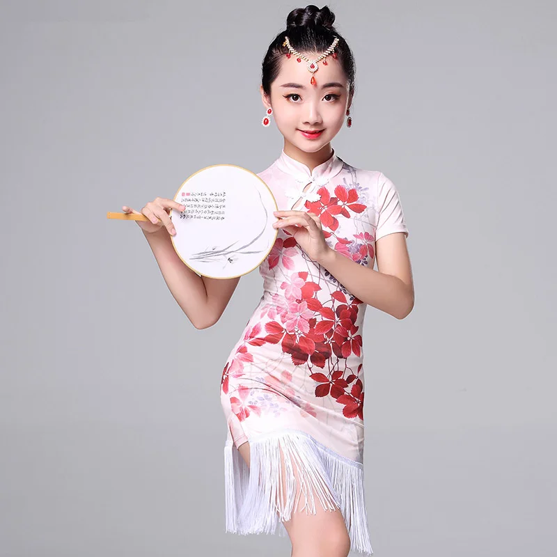 Fashion-short-sleeve-Flower-print-tassel-Latin-dance-one-piece-dresses-for-girl-children-ballroom-Chinese