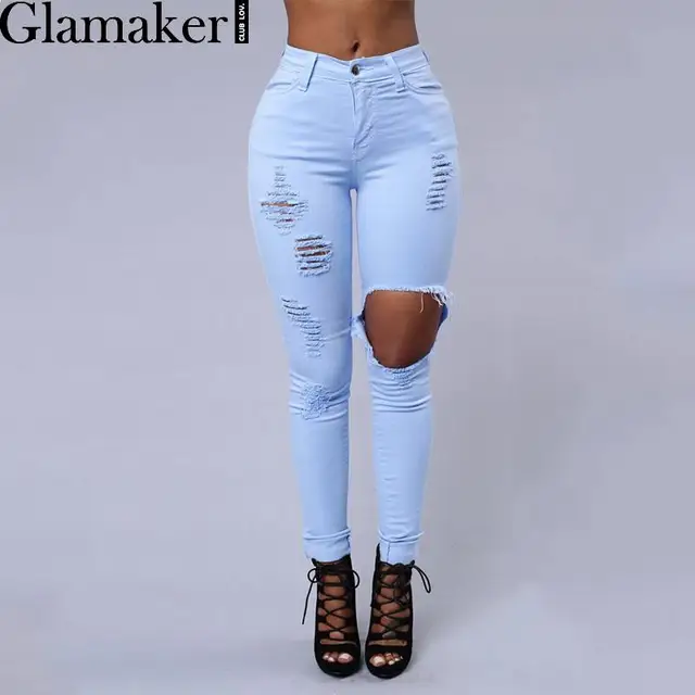 Buy Glamaker Fashion sexy pink ripped jeans female