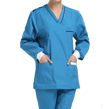 

[SET] Women's Fashion Scrub Sets Nursing Uniform Workwear V-Neck Long Sleeved Mock Wrap Tops + Pants