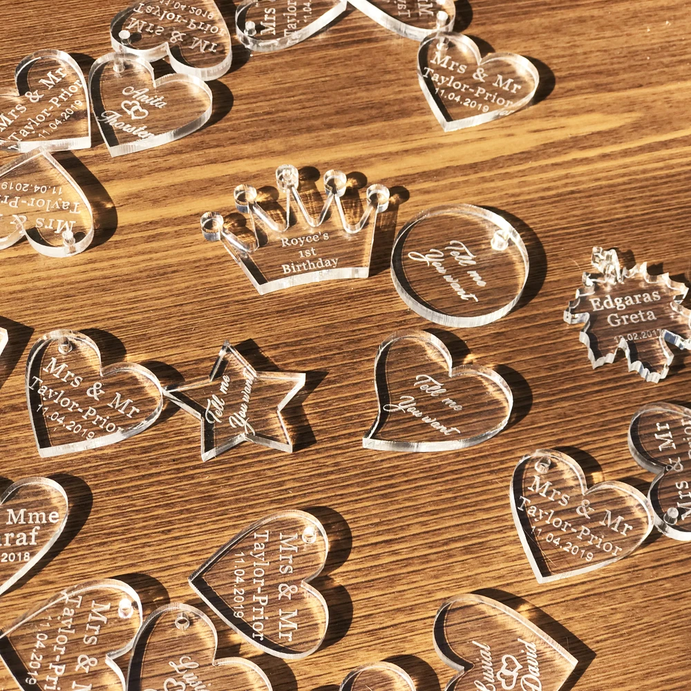 

50 pcs Personalized Engraved Circle Heart Crown Star Wedding Table Centerpieces Decoration Favors Candy Box Tags Baby Baptism