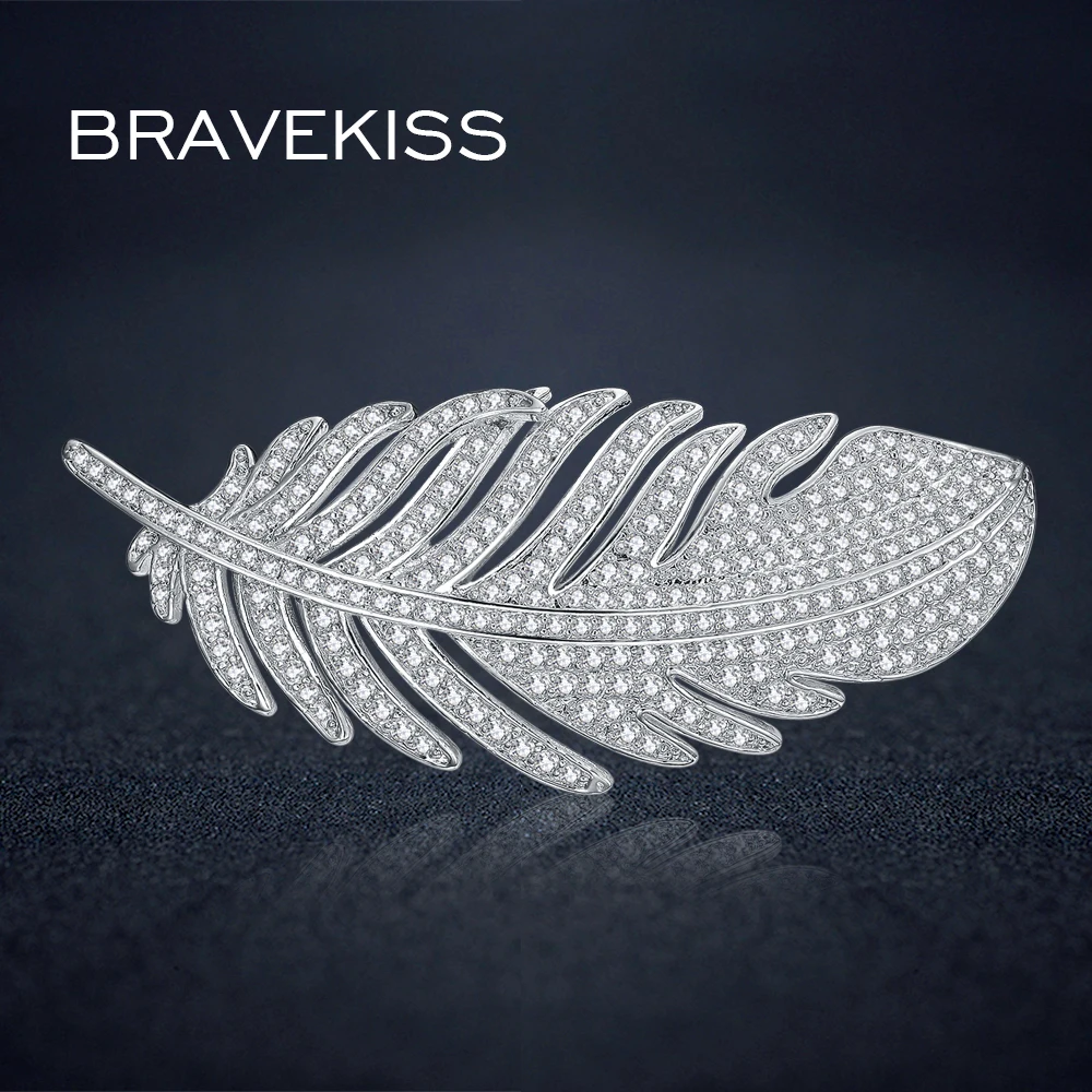 BRAVEKISS шпильки с перьями и броши для женщин Femme Pave Cublic циркония свадебные Brautiful лист бижутерия броши BUX0002