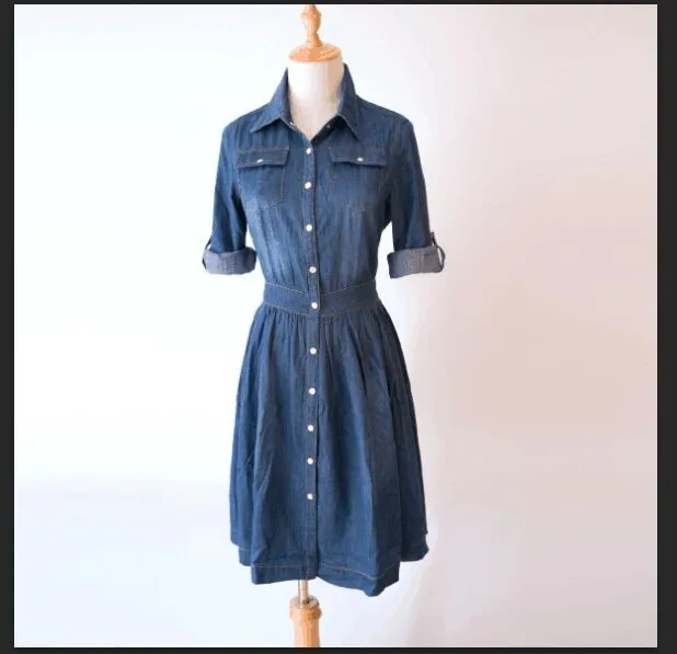 Three Quarter Sleeve One-Piece Denim Dress | Uniqistic.com