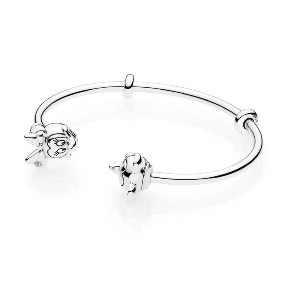 

Authentic S925 Sterling Silver Bracelet for Women Signature Clasps Bangle Minnie Mickey Caps fit Lady Beads Charms